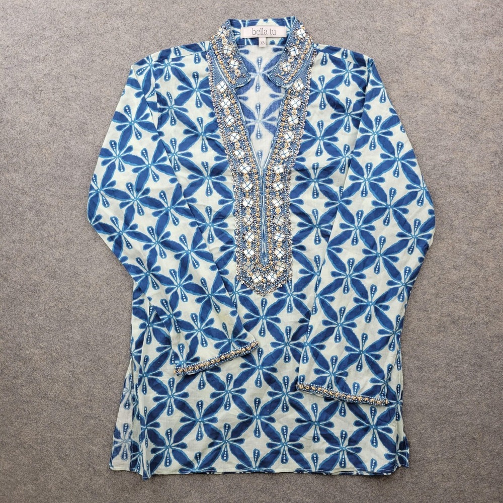 Bella Tu Blouse Womens XS Blue Beaded Embroidered Floral Tunic Top Boho Cotton‎